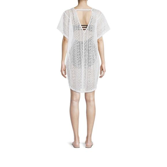 Time and Tru Women White V-Neck Wavy Crochet Drop Short Sleeve Cover Up Size L - Picture 2 of 13